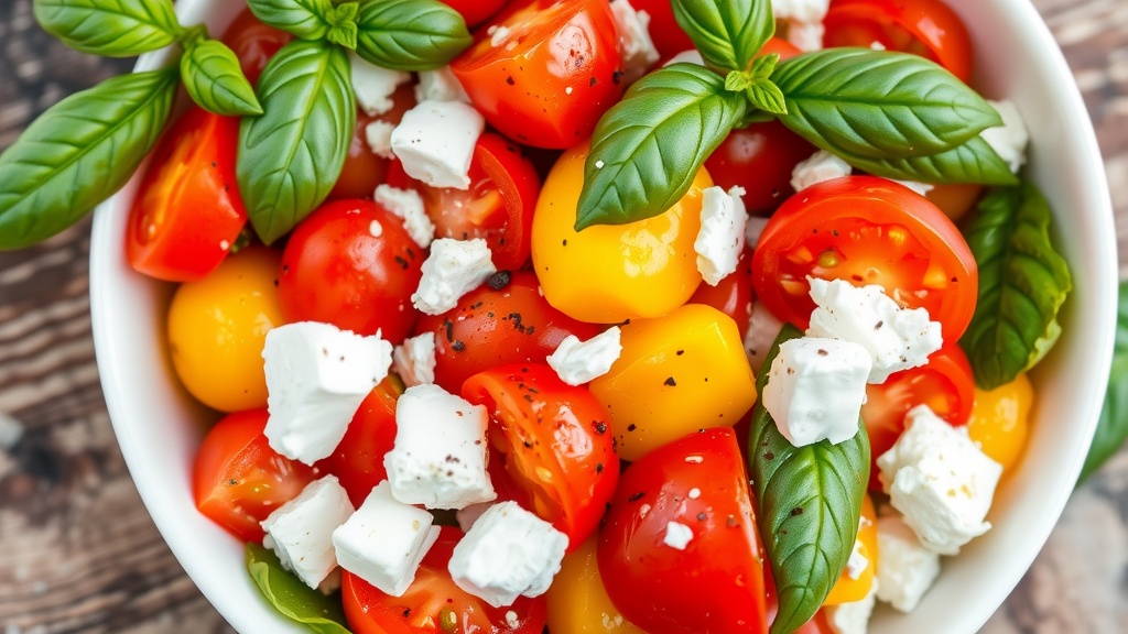 Refreshing Tomato Salad with Feta and Basil A colorful tomato salad with feta and basil, served in a bowl on a wooden table.